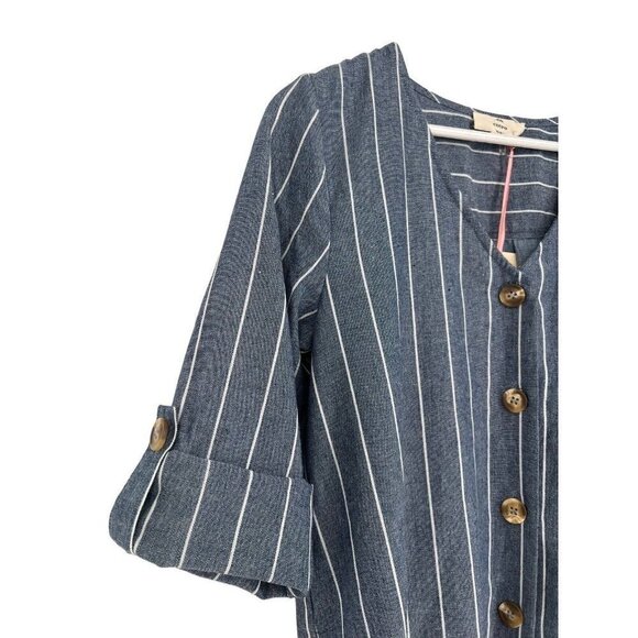 Entro Button Front Sheath Dress Size M Blue White Striped Chambray Roll Tab - Picture 8 of 16